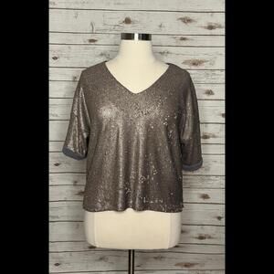 Anthropologie Deletta gold sequin boxy V-neck blouse Size Large